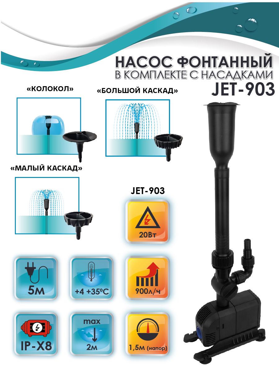 Garden Show Насос фонтанный JET-903 в комплекте с насадками 20Вт, 900 л/ч, Hmax 1,5м