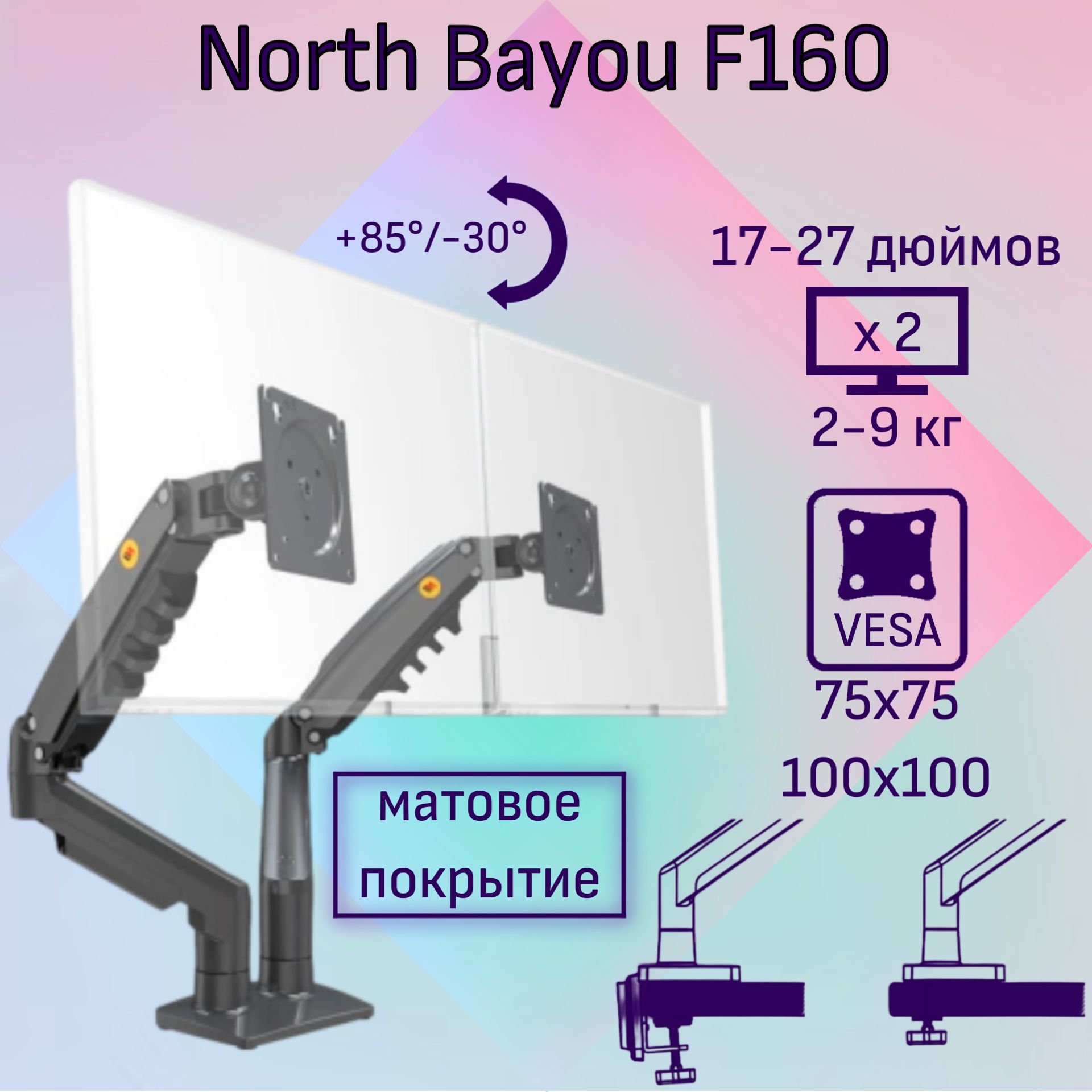 Двойной настольный кронштейн NB North Bayou F160 для мониторов 17-27" до 9 кг, черный матовый