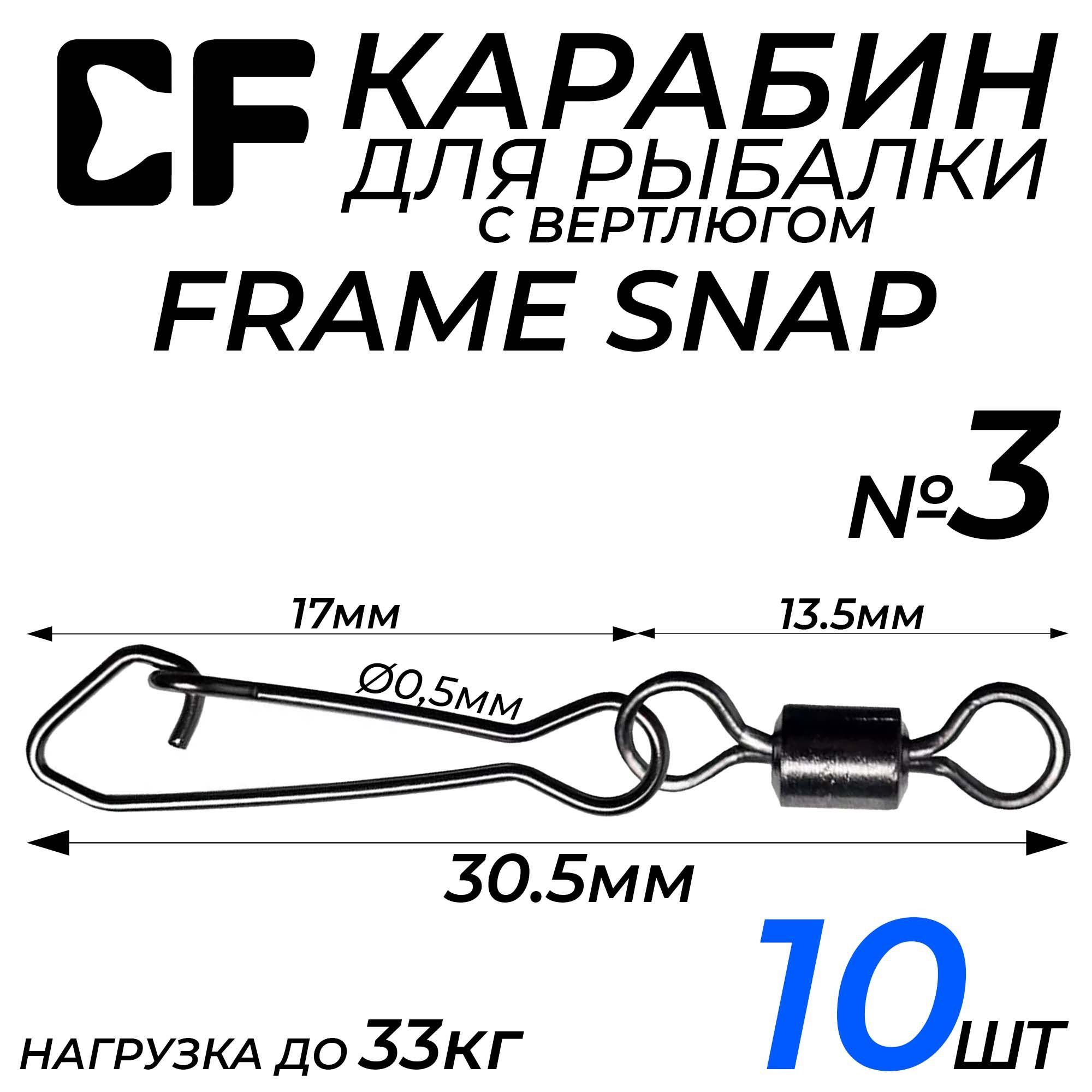 КарабинCFFramesnapсвертлюгом#3,10шт,разрывнаянагрузка33кг,длярыбалки