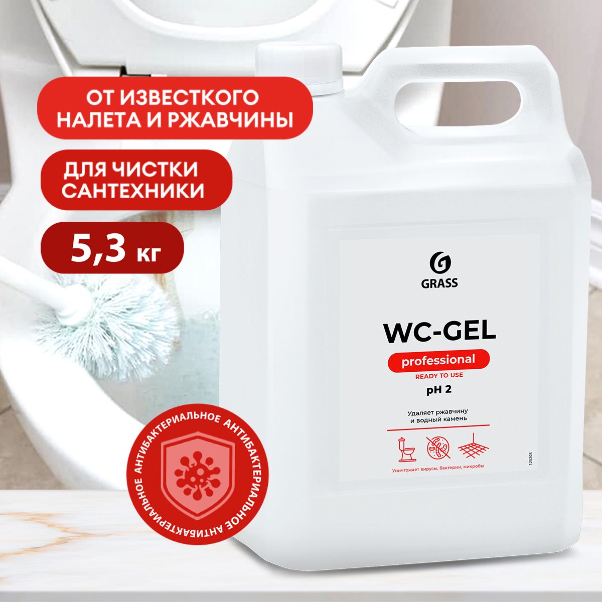 GRASS/ Чистящее средство WC-GEL Professional для сантехники, ванной,  унитаза, от ржавчины и известкового налета, канистра 5,3 кг. - купить с  доставкой по выгодным ценам в интернет-магазине OZON (242230232)