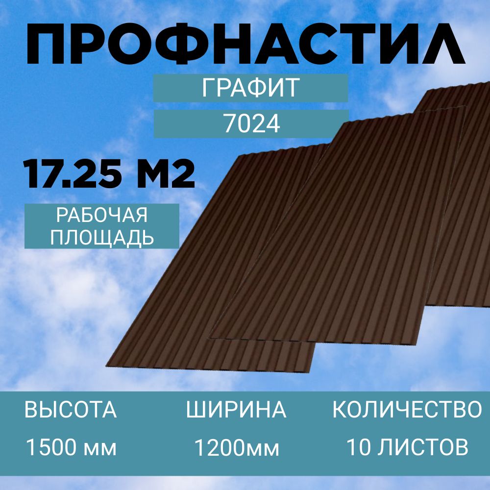 Профнастил на забор и кровлю С8 7024 1500х1200 метра. 10 ЛИСТОВ графит.  профлист, оцинковка для навеса, бытовки, восьмерка