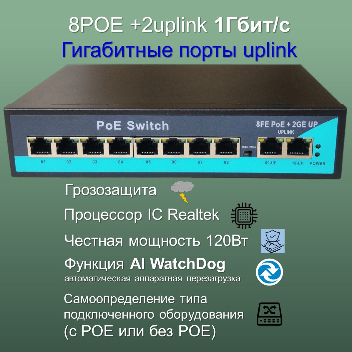Коммутатор YDA POE свитч с 8POE +2Uplinк 1000 Мбит/с (гигабит) портов ...
