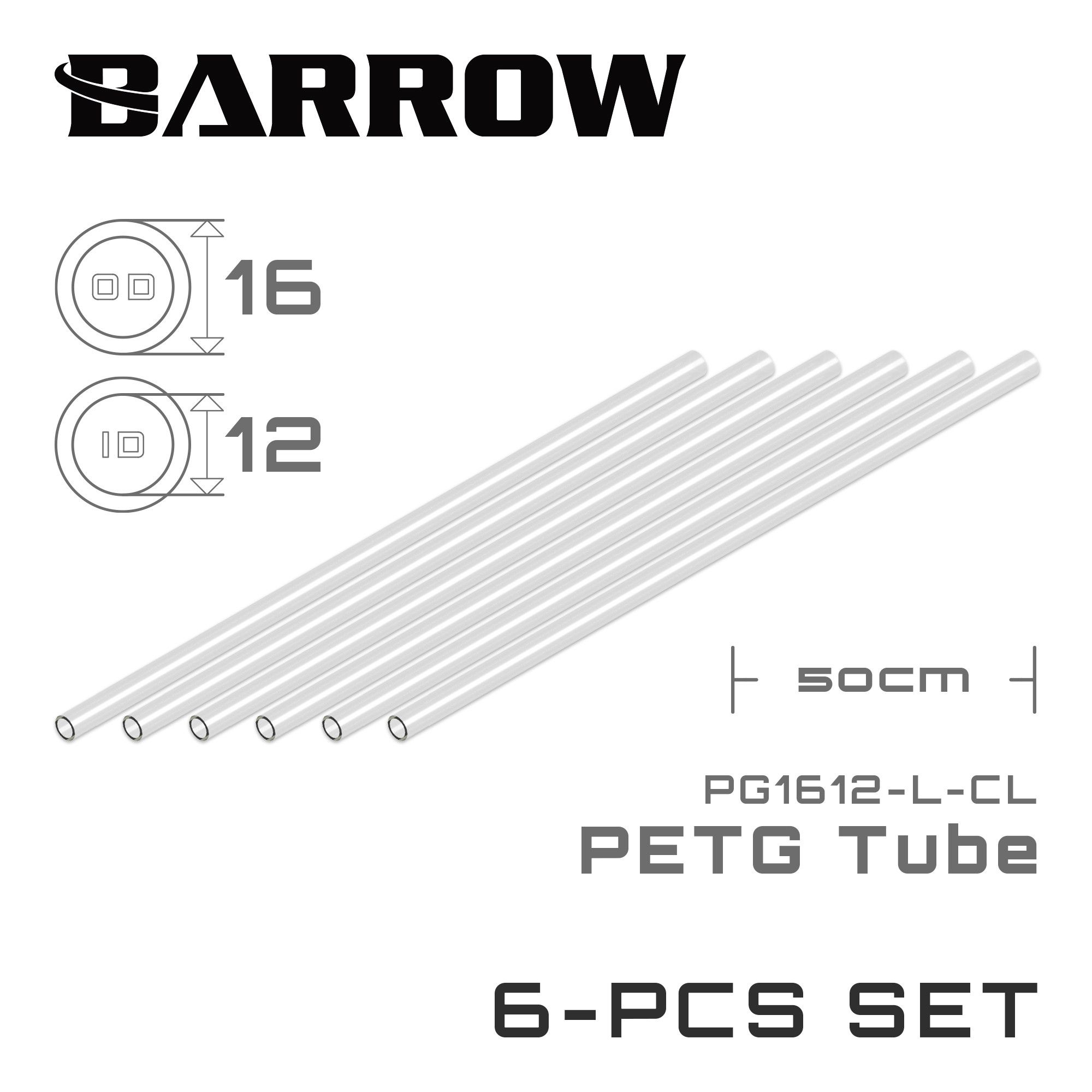 КомплектПЭТтрубокBarrow16*12NormaltemperaturetypePETGTube(ID:12MM,OD:16MM,Length:500MM)6pcs-Clear