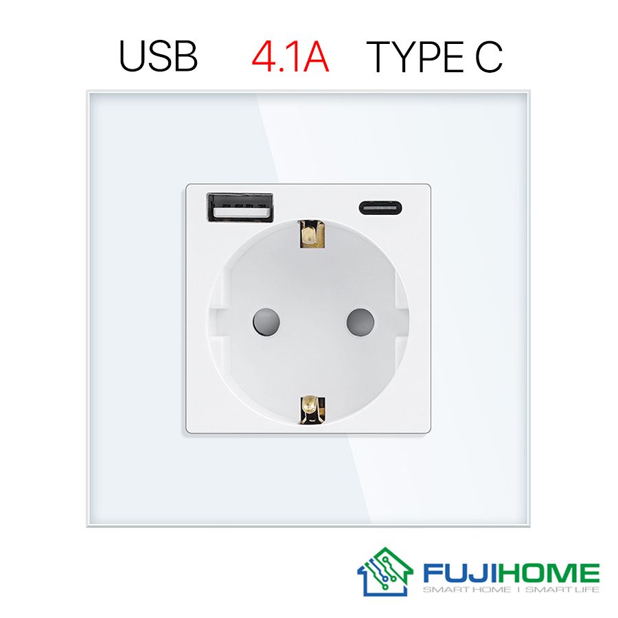 РозеткасUSB(TypeA+TypeC)FUJIHOMETW-GAC-WT(CS),сзаземлением,рамка86х86ммиззакаленногостекла,цветбелый