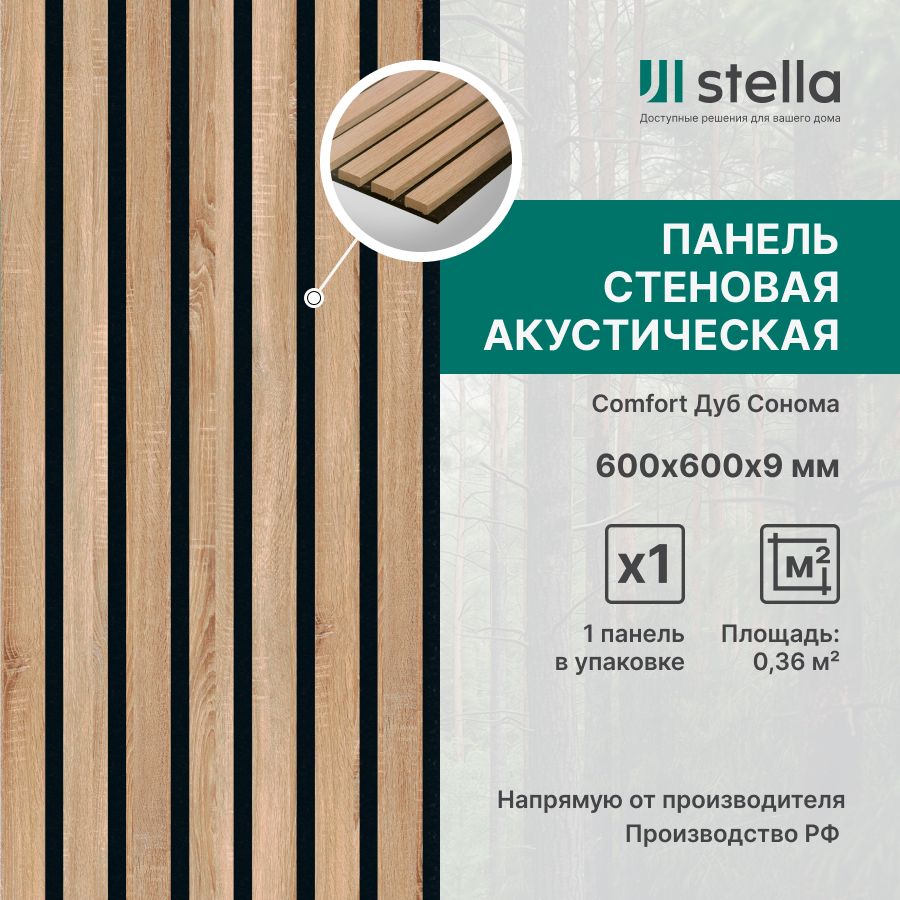 Stella Панель стеновая с рейками акустическая с 3D эффектом; Коллекция:  Standart Comfort 9 Цвет: Дуб Сонома 600х600х9 мм (упаковка 1 штука) купить  по выгодной цене в интернет-магазине OZON (1323282632)