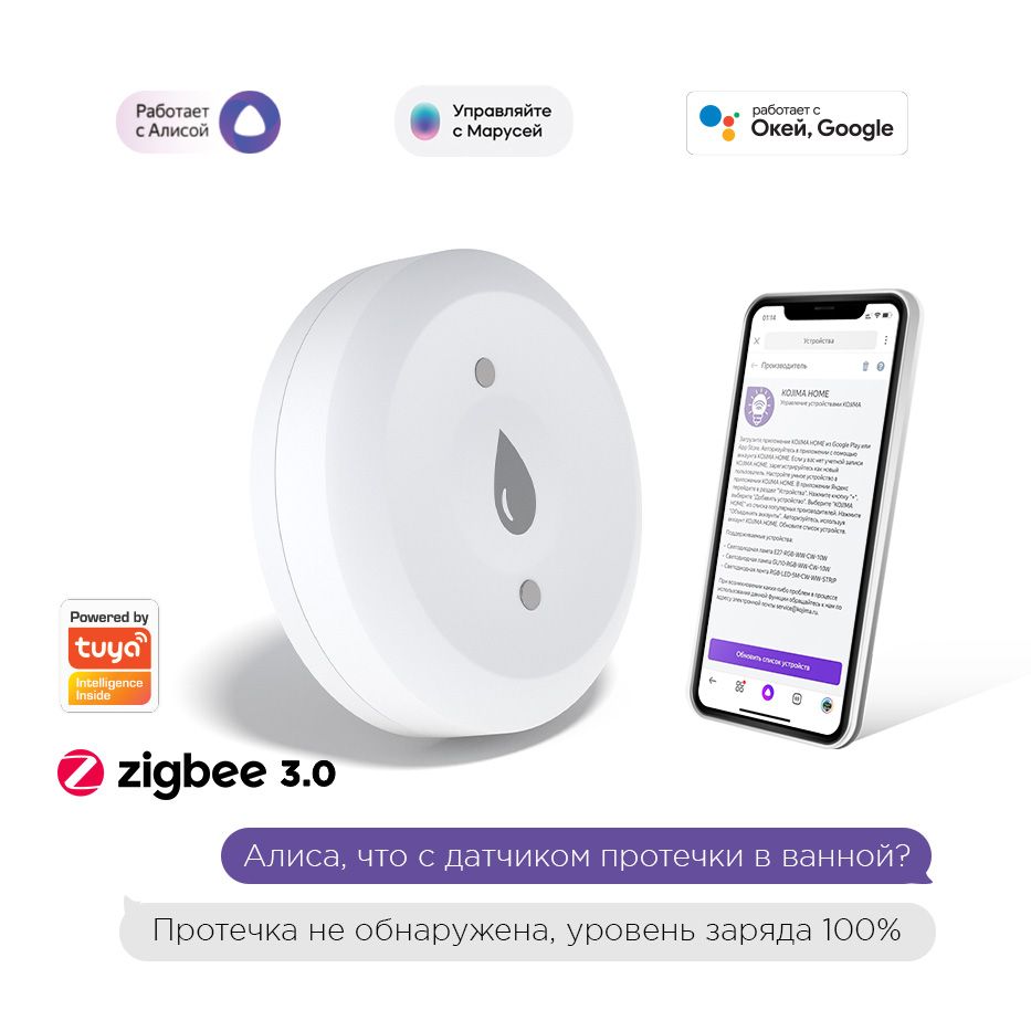 Умный датчик протечки Zigbee, Яндекс Алисой, Google Home - купить с  доставкой по выгодным ценам в интернет-магазине OZON (1567283765)