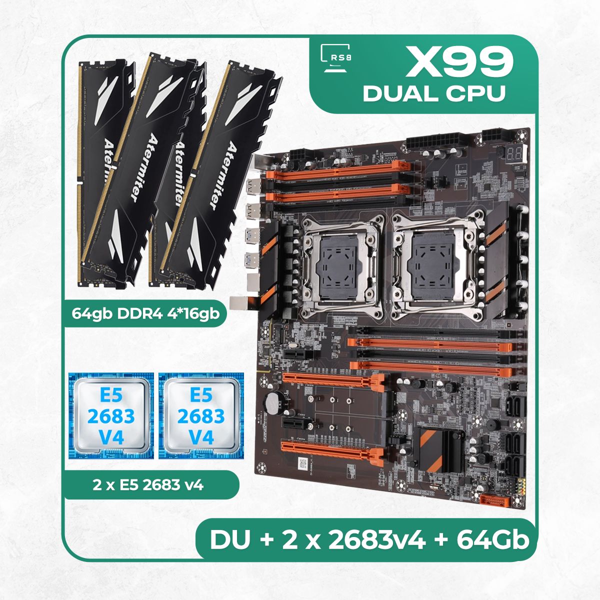 Kllisre Материнская плата Комплект материнской платы X99: ZX-DU99D4 + 2 x Xeon E5 2683v4  + DDR4 64Гб Atermiter 3200Mhz  4х16Гб