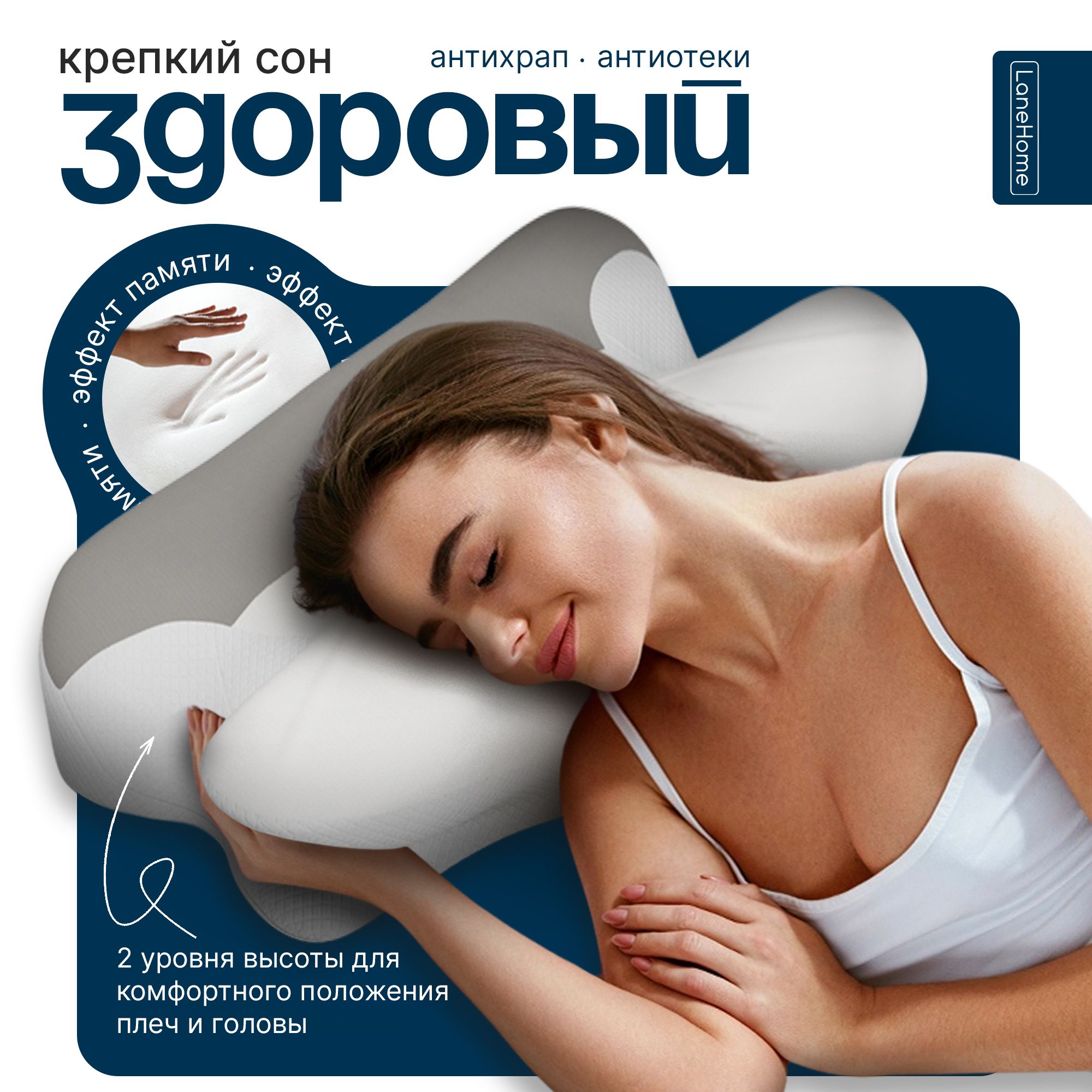 Подушка анатомическая MEMORY FOAM / LaneHome / ортопедическая подушка с эффектом памяти