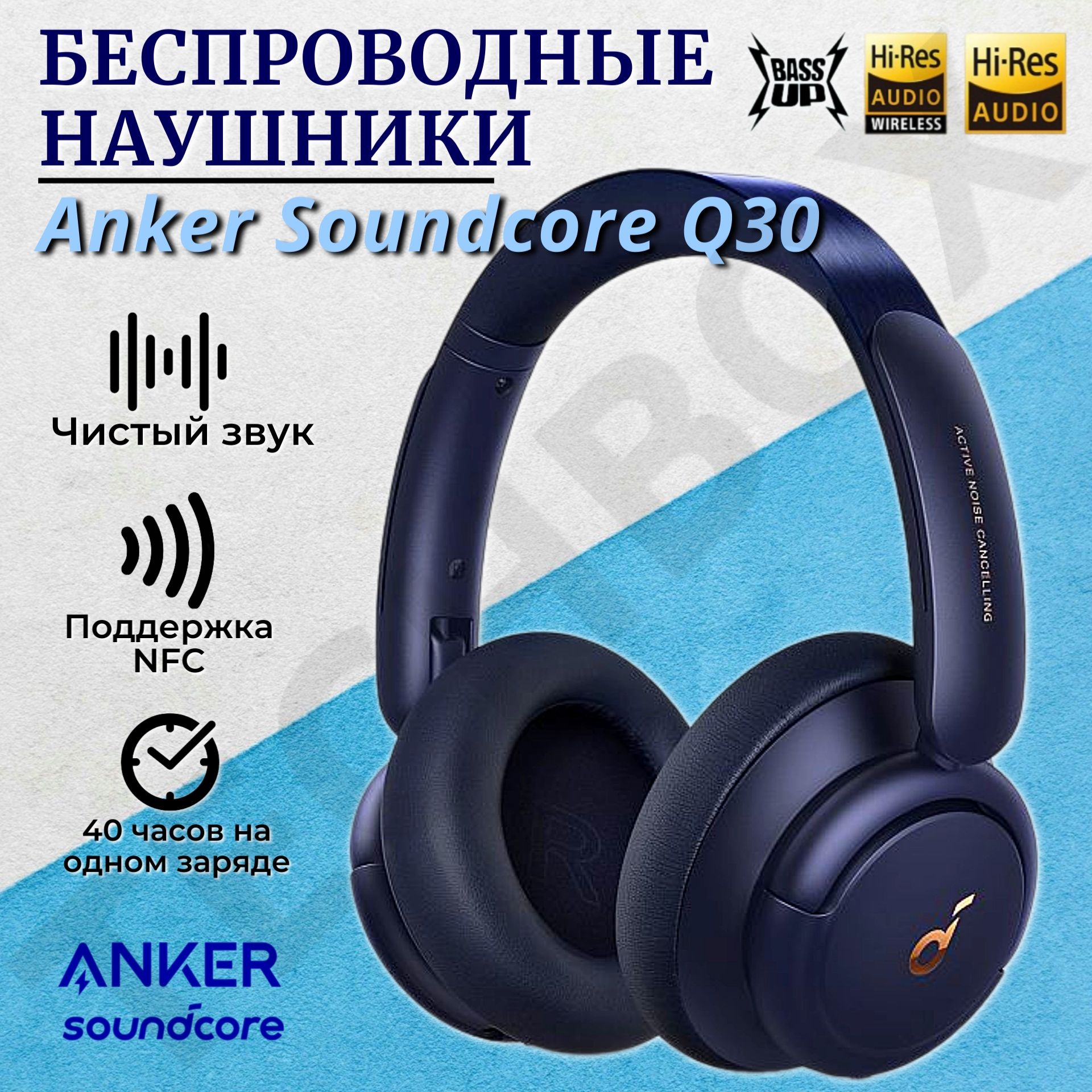 AnkerНаушникисмикрофоном,Bluetooth,USBType-C,темно-синий