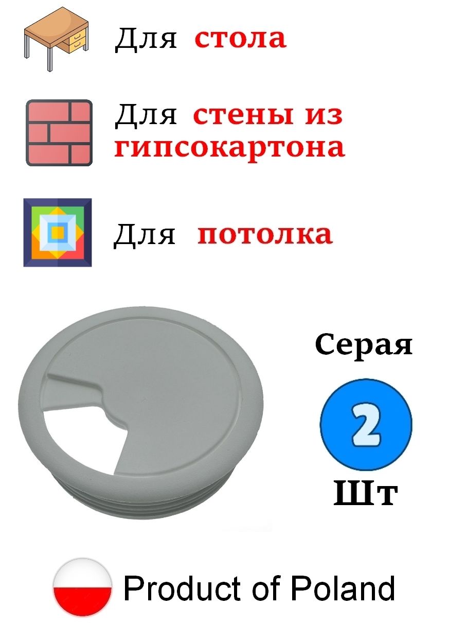 2шт-Заглушкакабель-канала,круглая,D60мм,серая-2шт