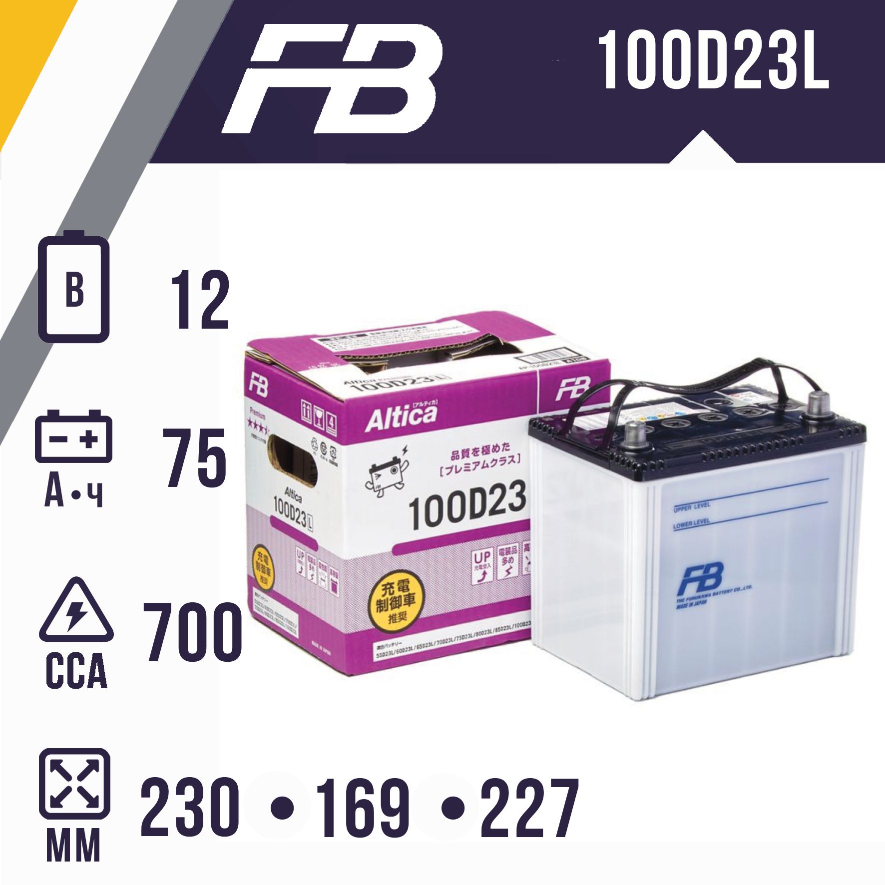 Аккумулятор автомобильный FURUKAWA BATTERY ALTICA PREMIUM 100D23L обр. полярность 75A ч 700A (230x169x227)