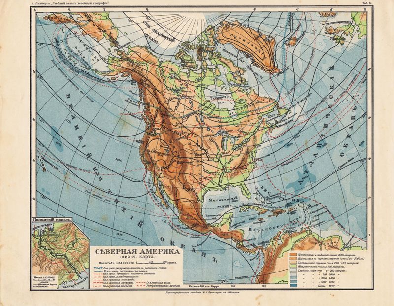Антикварная географическая карта. Северная Америка (физическая карта). Смешанная техника. Россия, 1913 год