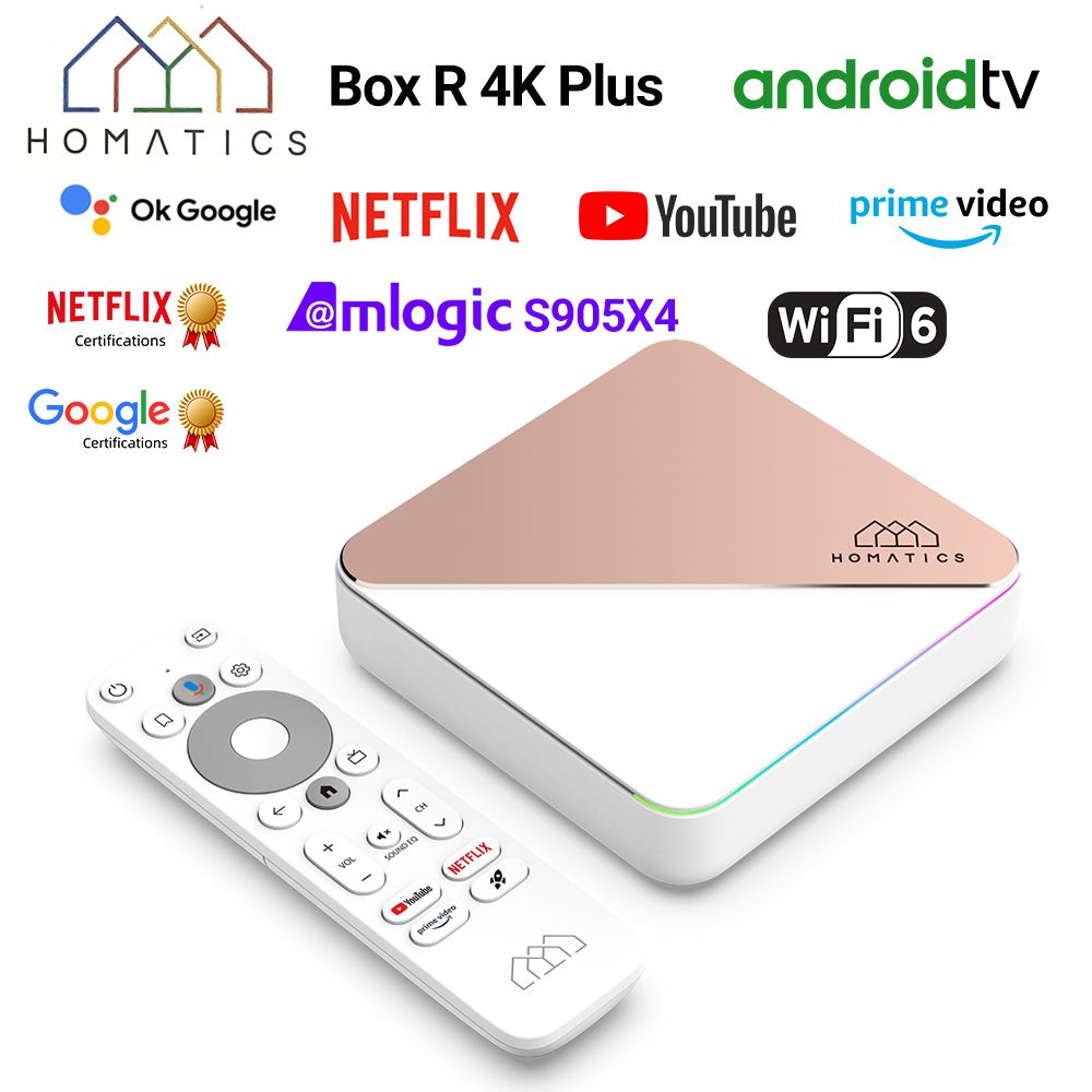 СмартТВПриставкаHOMATICSBoxR4KPlus4ГБ/32ГБAmlogicS905X4Androidtv12ПоддержкаDolbyAtmos4KAV1H.265Wifi6BT5.0СертифицированоGoogleиNetflixМедиаплеерAndroidtvBox,розовоезолото