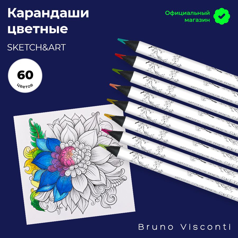 Карандаши цветные мягкие трехгранные Bruno Visconti "SKETCH&ART" / набор цветных карандашей 60 шт для рисования / подарок на новый год