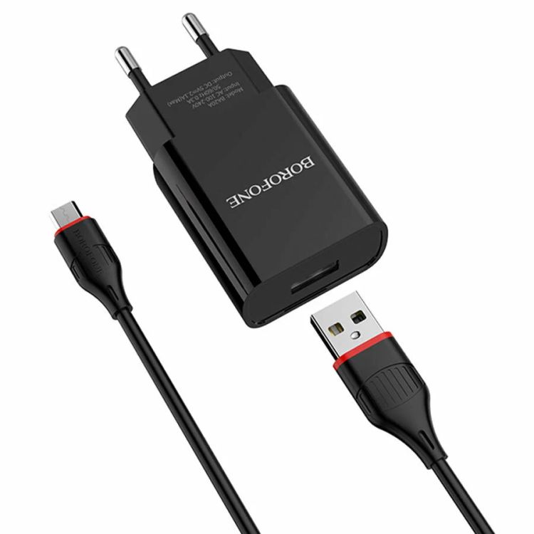 Сетевоезар.устр.BorofoneBA20AсшнуромMicro1USB2.1Aчерное,5387