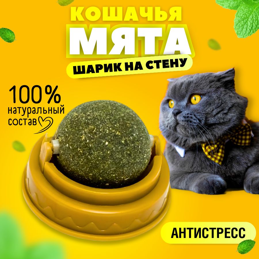 Кошачья мята игрушка для кошек - вращающийся мятный шарик на стену