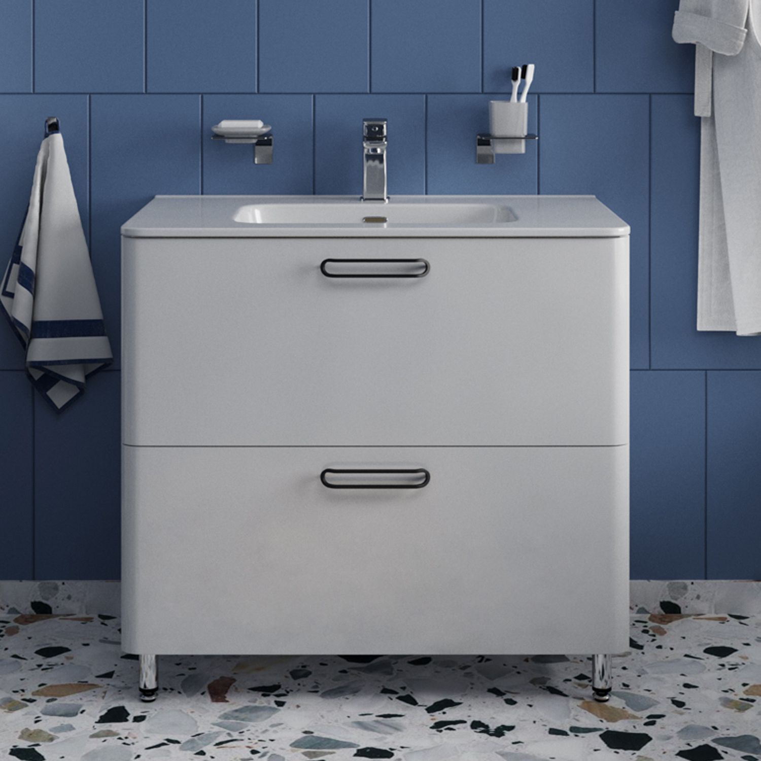 Фото товара на маркетплейсе ozon Тумба для ванной с раковиной, напольная, с ящиками, 80 см, белая, IDDIS, Brick, BRI80WFi95K