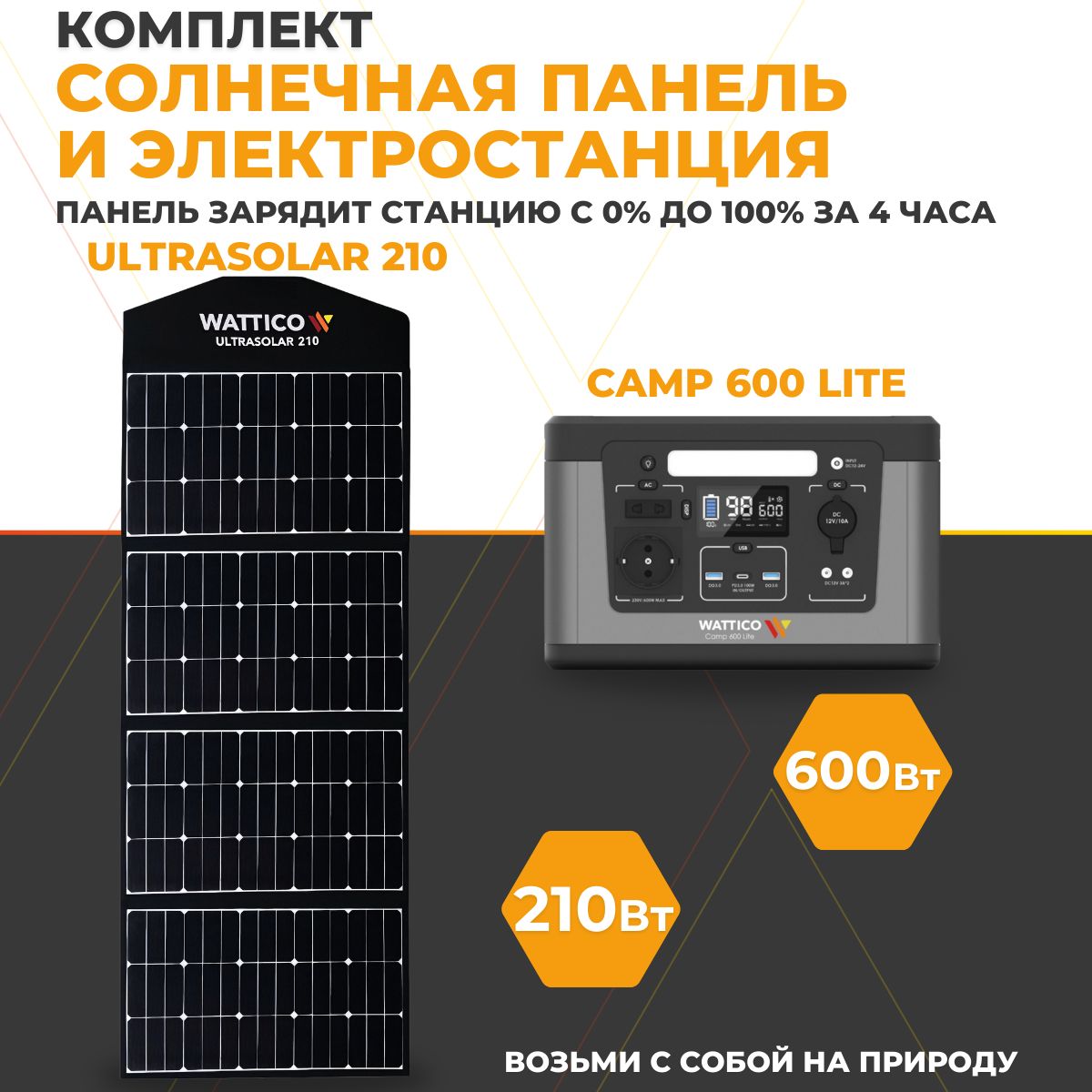 Солнечная электростанция комплект Внешний аккумулятор ИБП Wattico Camp 600 Lite и солнечная батарея панель Wattico Ultrasolar 210Вт