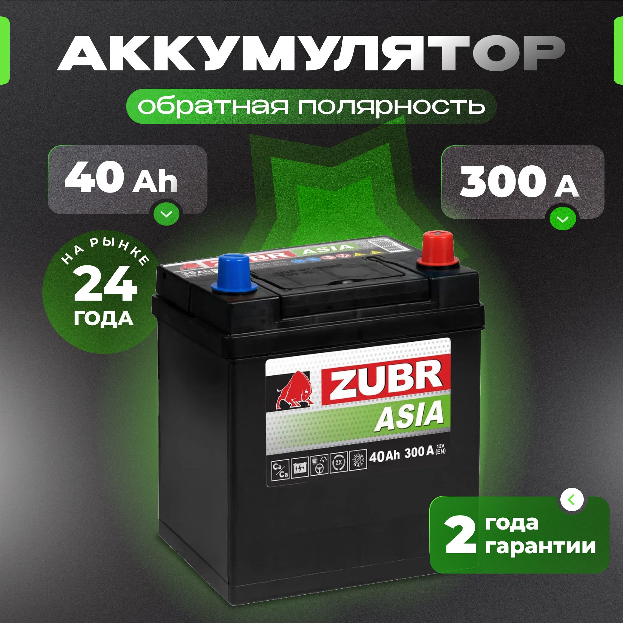 Аккумулятор автомобильный 12v 40 Ah ZUBR Premium Asia 40 Ач 300 А обратная полярность 187x127x225 стартерный акб для автомобиля, машины (без борта)