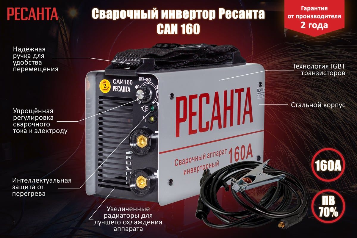 Сварочный аппарат Ресанта САИ 160 65/1, Инверторный сварочник 160 ампер РЕСАНТА