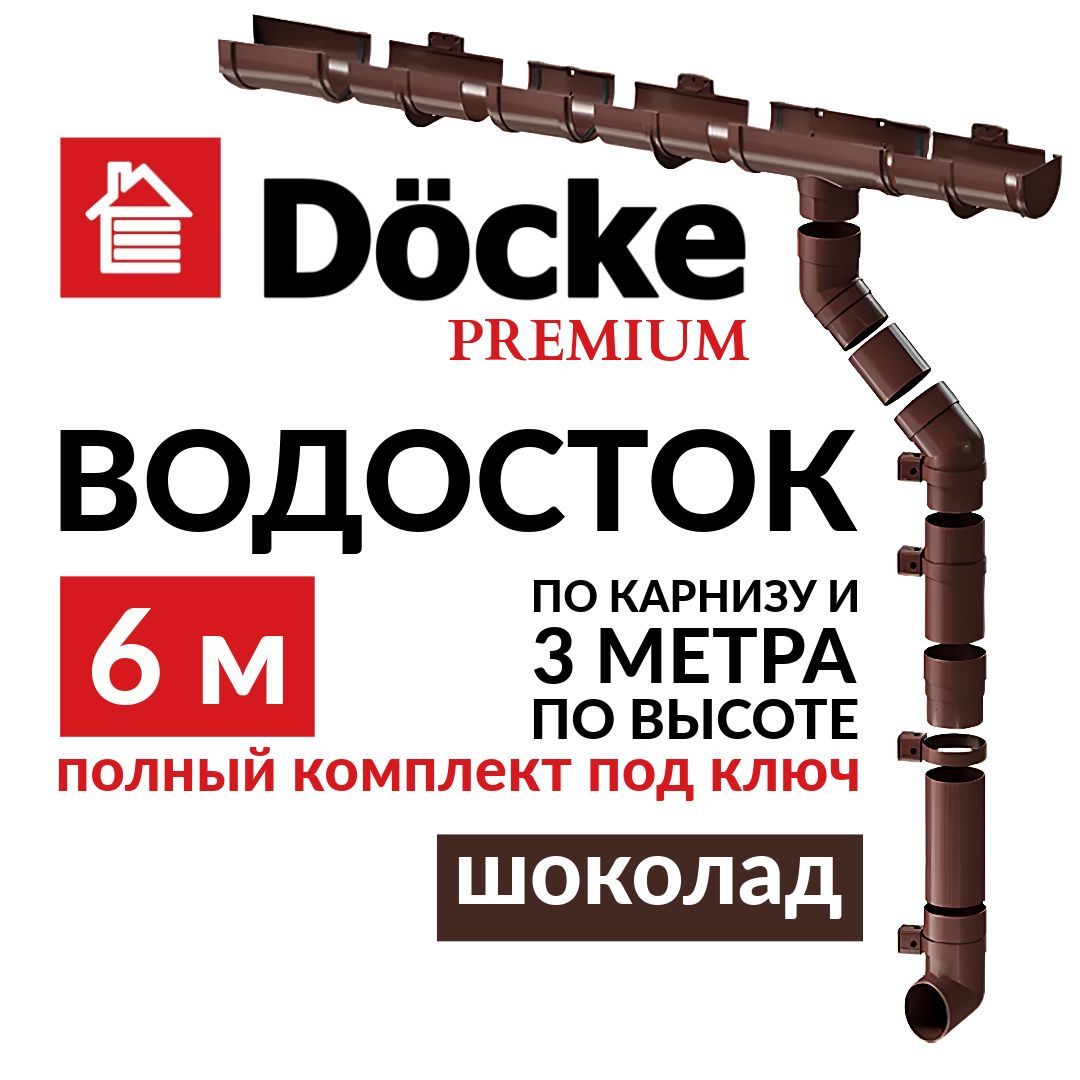 Водосточная система, Docke Premium 6м/3м, цвет шоколад, водосток для крыши дома Деке Премиум, RAL 8019, комплект.