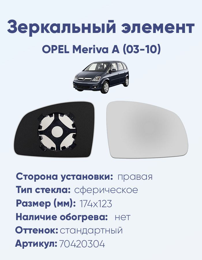 Зеркальный элемент правый OPEL Meriva A (03-10) сфера нейтральный без обогрева