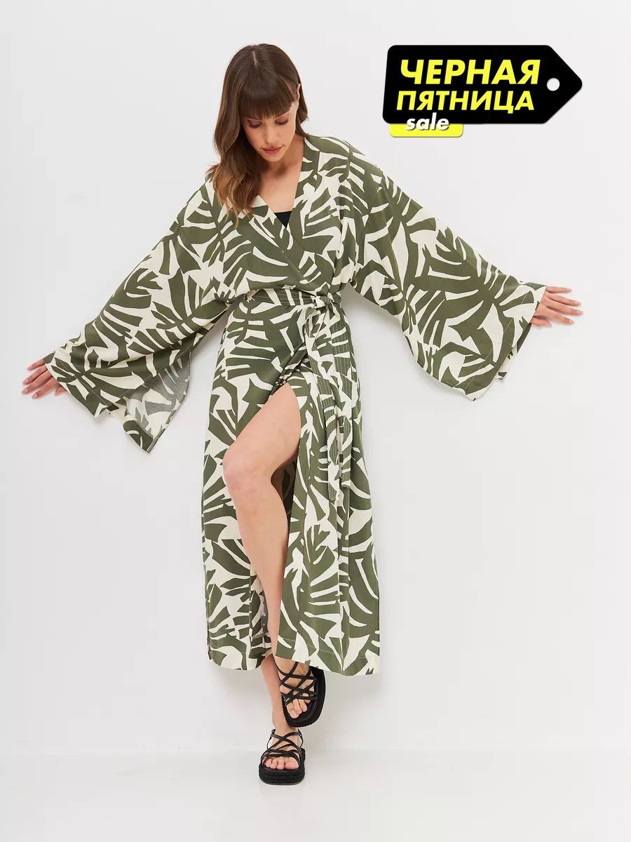 Платье пляжное simple chic Кимоно листья зеленые Плавание, Женский, На любой сезон, размер 42, 52, материал Штапель — купить в интернет-магазине OZON (860274936)