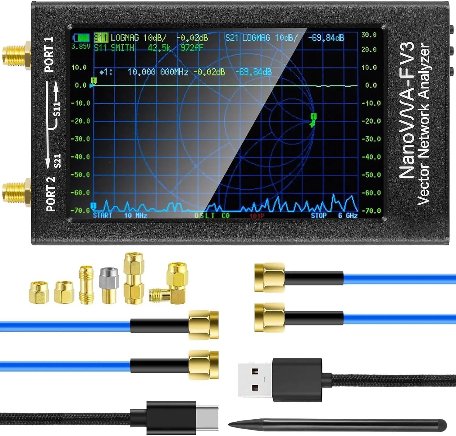 NanoVNA-F V3 Векторный сетевой анализатор 1МГц-6ГГц 4,3-дюймовый ВЧ УКВ UHF VNA Антенный анализатор Измерения S-параметров Напряжение SWR, фаза