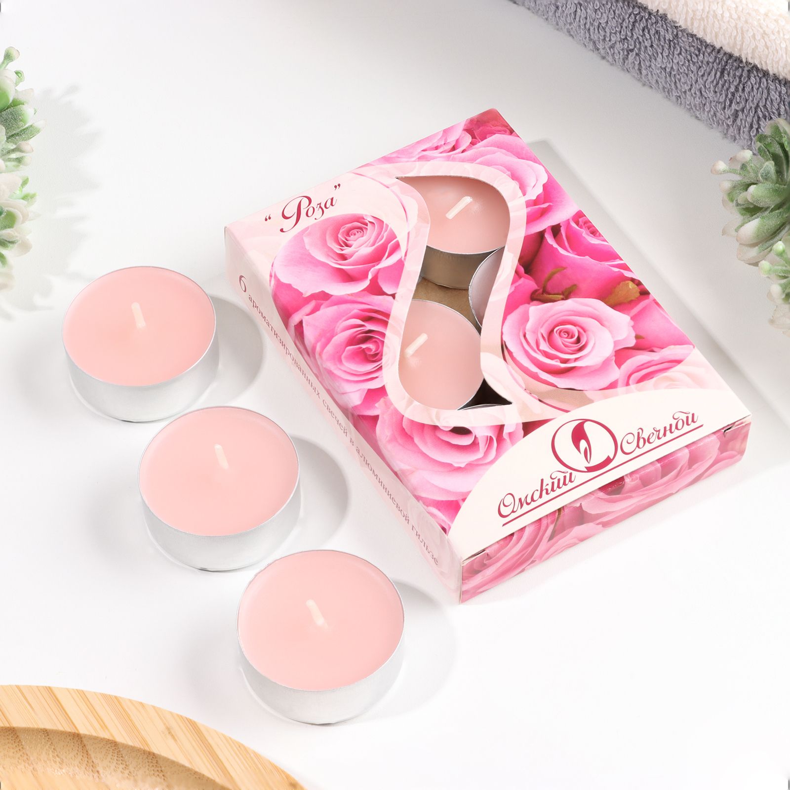 Свечи чайные / 6 шт "Роза" ароматические , подарочная упаковка