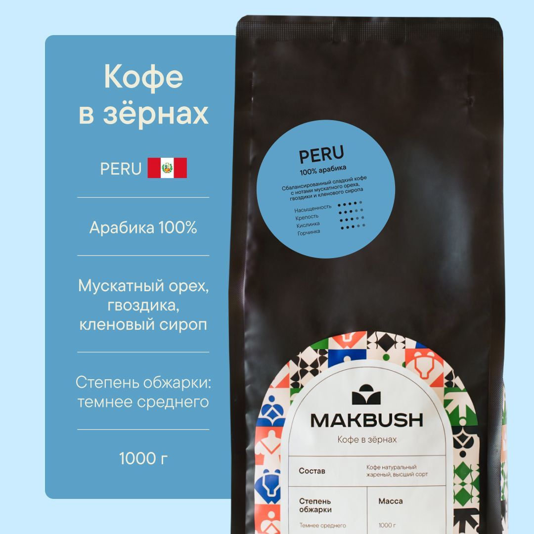 Кофе в зернах MakBush PERU 1 кг, Арабика 100%, натуральный, свежеобжаренный