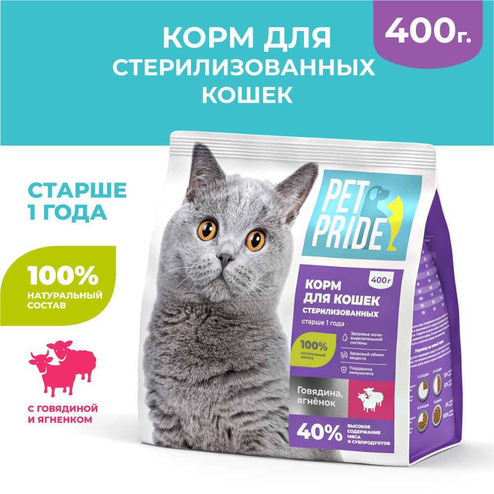 СухойкормдлястерилизованныхкошекPETPRIDEсговядинойиягненком,400г