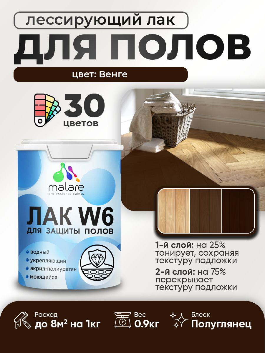 Лак колерованный тонирующий для защиты пола Malare W6 для паркета и ламината, для дерева и минеральных поверхностей, водный без запаха быстросохнущий, полуглянцевый, венге, 1.8 кг.