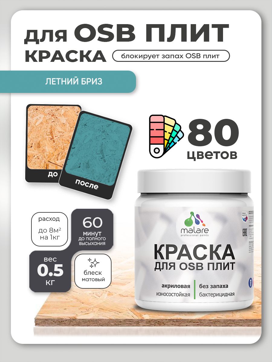 Акриловая краска для ОСБ плит Malare для дерева для наружных и внутренних работ, быстросохнущая без запаха матовая, летний бриз, 0.5 кг