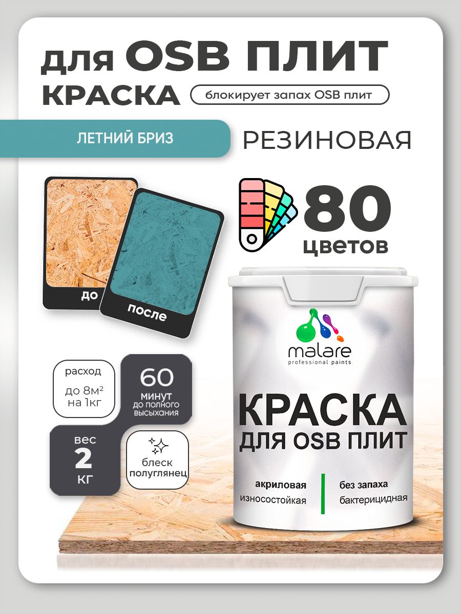 Резиновая краска для ОСБ плит Malare акриловая краска для дерева для наружных и внутренних работ, быстросохнущая без запаха полуглянцевая, летний бриз, 2 кг