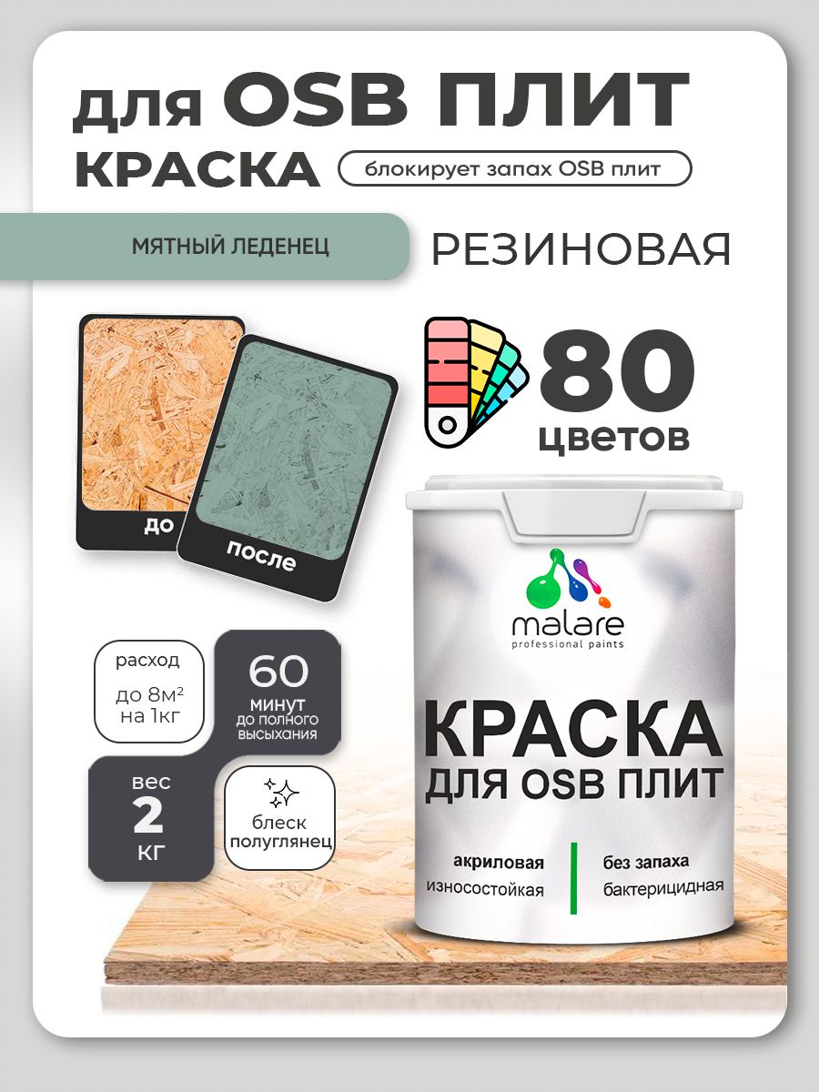 Резиновая краска для ОСБ плит Malare акриловая краска для дерева для наружных и внутренних работ, быстросохнущая без запаха полуглянцевая, мятный леденец, 2 кг
