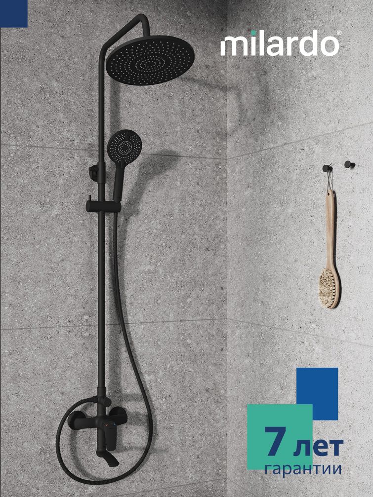Фото товара на маркетплейсе ozon Душевая система Milardo, смеситель для ванны с тропическим душем, черный матовый, Rora, RORBL4FM06