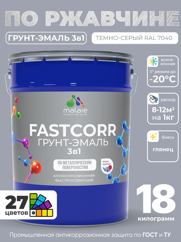 Грунт-эмаль по ржавчине 3 в 1 Malare FastCorr краска для металла, антикоррозионная износостойкая быстросохнущая RAL 7040, темно-серый, глянцевая, 18 кг.