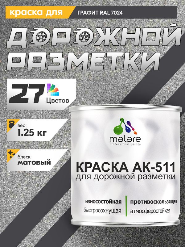 Дорожная краска АК-511 Malare для дорожной разметки, краска для пола по бетону, износостойкая, быстросохнущая, матовая RAL 7024, графитово-серый(темный), 1,25 кг