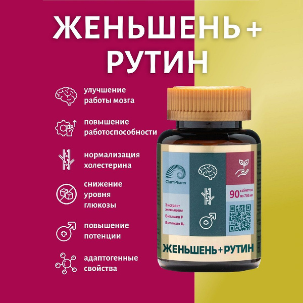 БАД Женьшень + Рутин, Витамины для женщин и мужчин, для иммунитета, для ...