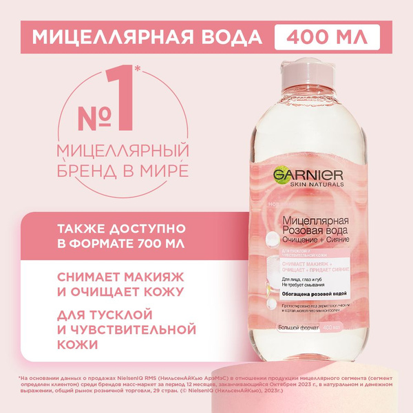 Мицеллярная вода для лица, глаз и губ Garnier. Розовая вода, Очищение ...