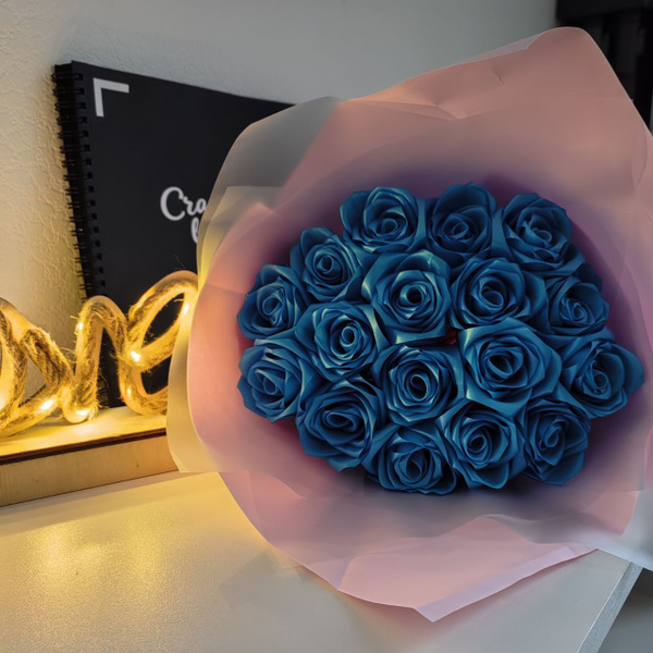 Готовый букет из атласных лент, Синие розы 11 шт. - купить с доставкой ...