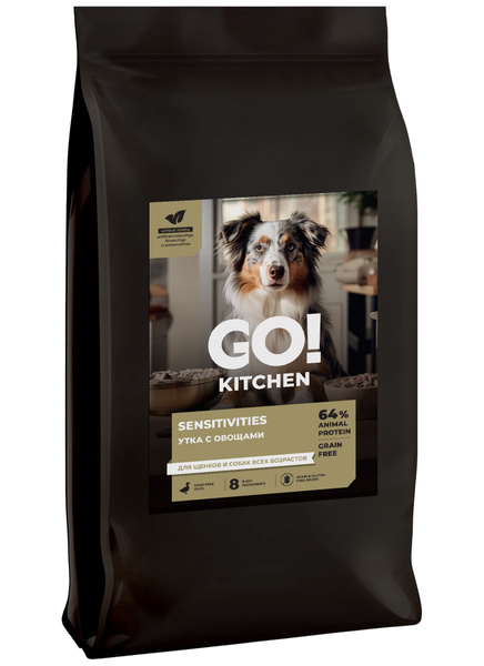 GO! KITCHEN сухой беззерновой корм со свежей уткой для щенков и собак с ...