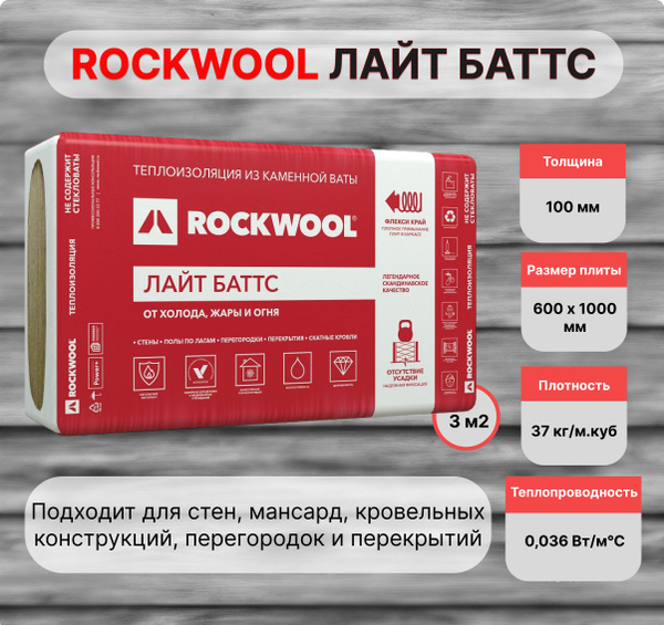 Утеплитель вата базальтовая Rockwool Лайт Баттс 100 х 600 х 1000 мм 3 ...