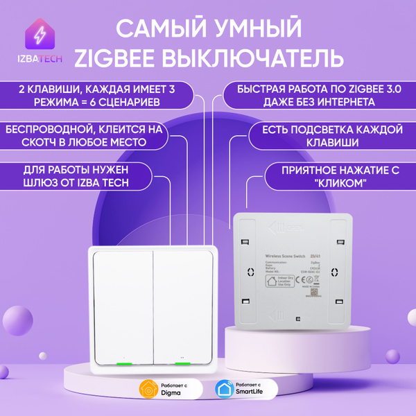 Умный беспроводной двухклавишный выключатель Zigbee на батарейках ...