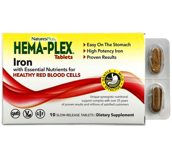 Характеристики NaturesPlus Hema-Plex Iron 10 slow release tabs / Железо ...