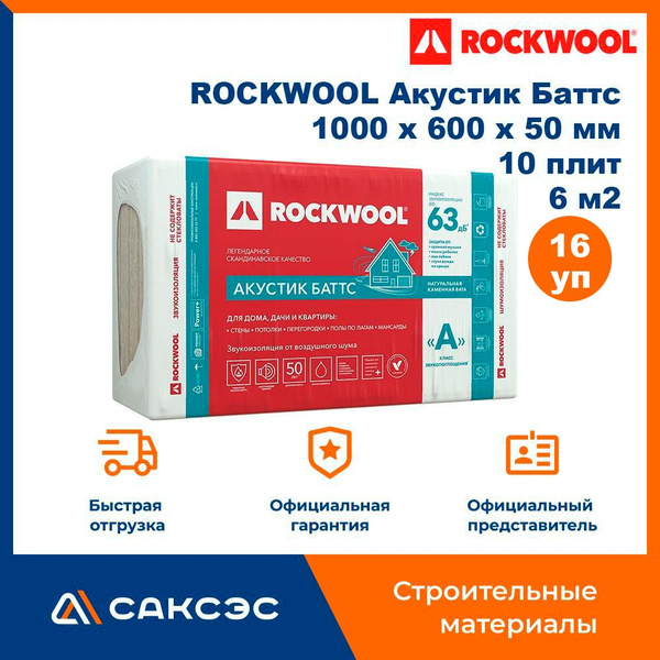 Звукоизоляция для стен из каменной ваты ROCKWOOL Акустик Баттс, 1000 х ...