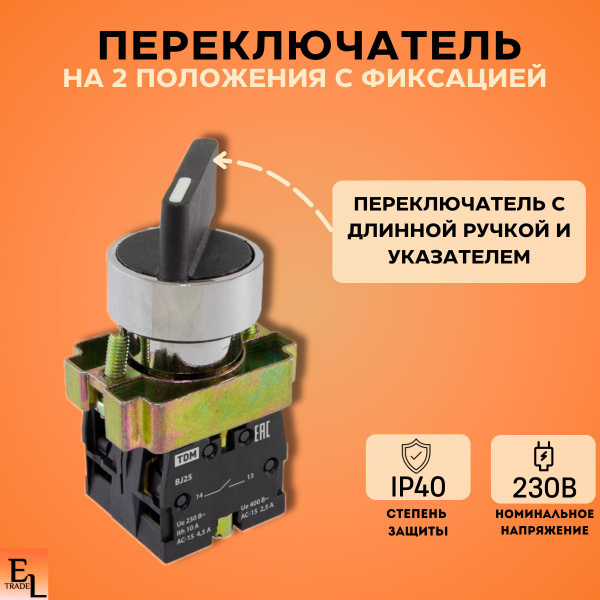 Переключатель на 2 положения с фиксацией, 1НО+1НЗ, длинная ручка, d22 ...