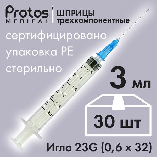 Шприц 3 мл 30 шт, медицинский стерильный, Luer slip - купить с ...