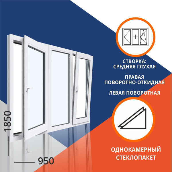 Окно однокамерное 1850x950 мм трехстворчатое: средняя створка глухая ...