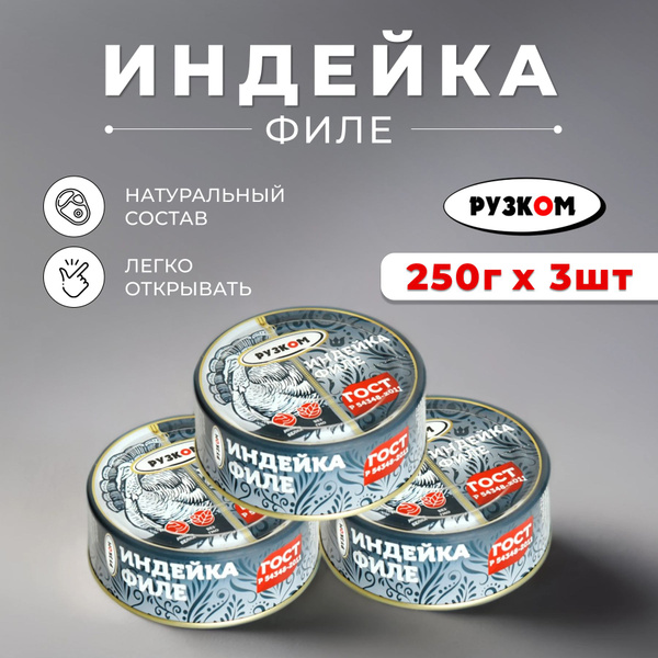 Консервы мясные Индейка филе ГОСТ "РУЗКОМ" 250 гр. банка с ключом 3 шт ...